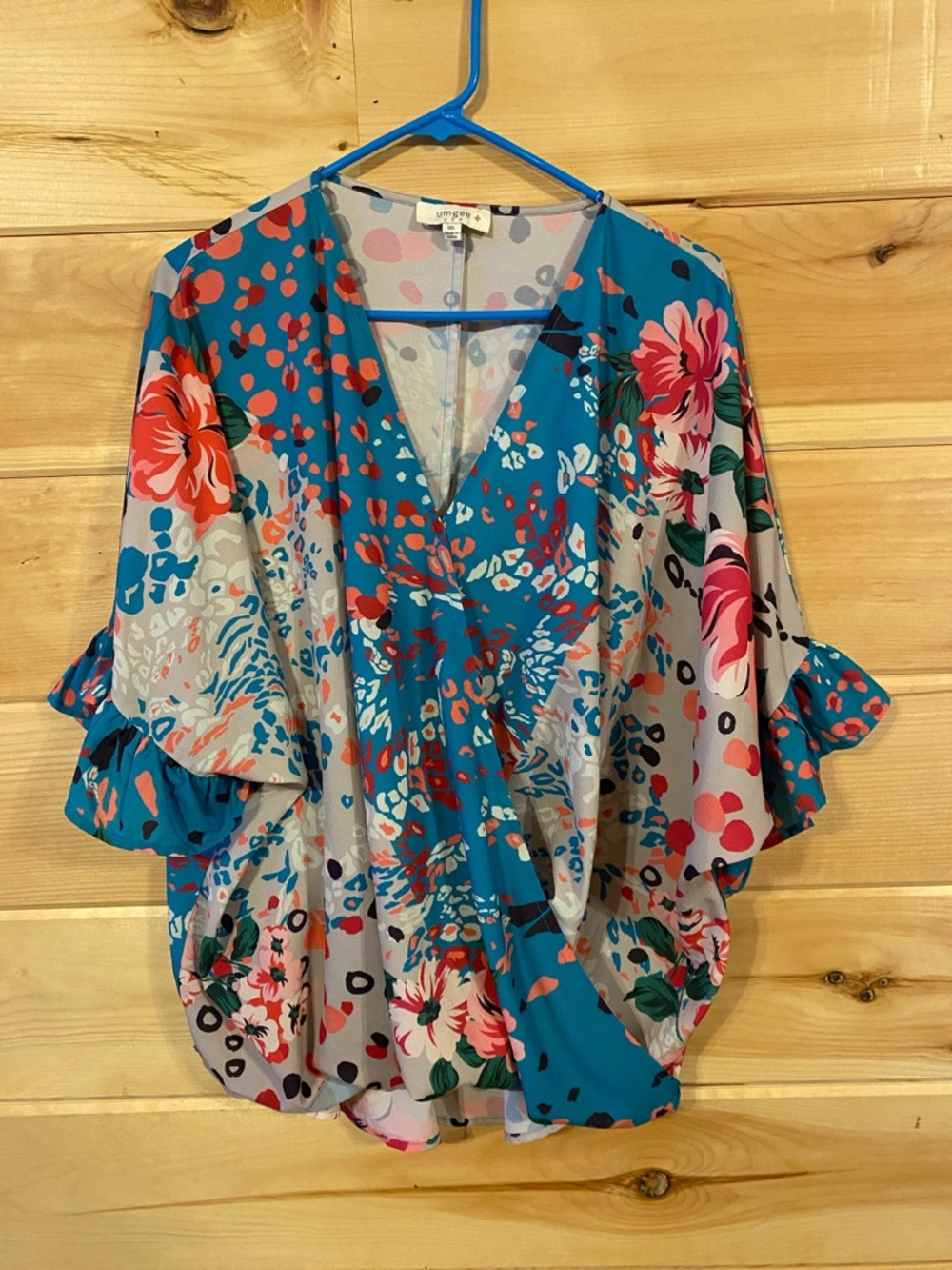$20 Umgee 1XL Teal Floral Print Wrap-Style Tunic